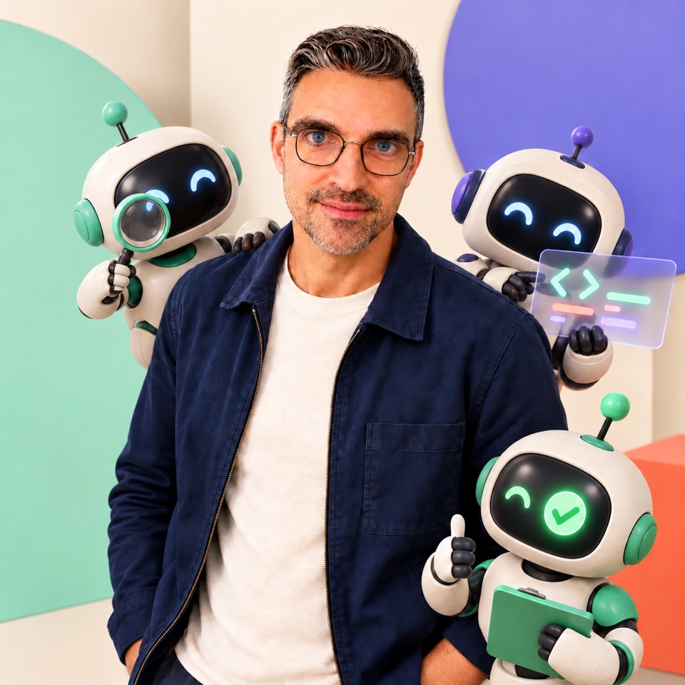 Dennis Binnekade with illustrated robot assistants