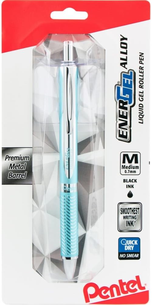 Pentel EnerGel Alloy pen, aquamarine · 0.7 mm medium, aquamarine alloy barrel, black ink, BL407LSBPA