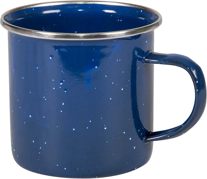 Stansport enamel camping mug, 12 oz · 12 oz enamel coffee mug with stainless steel rim