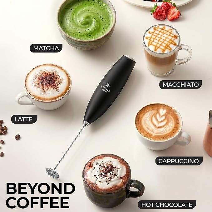 Zulay handheld milk frother, black · Black handheld battery milk frother; listing includes 2 Duracell batteries
