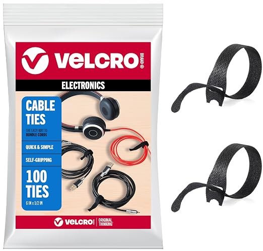 VELCRO reusable cable ties, 100 pack · Black reusable cable ties, 6 inches