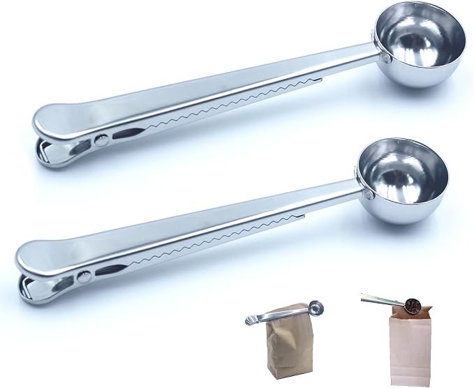 Coffee scoop clips, set of two · Stainless steel 1-tablespoon scoops with bag clips